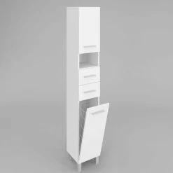 Badezimmerschrank Mit Wäschekorb SW4 188x40 Cm Weiß Hochglanz