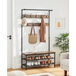 Songmics VASAGLE Garderobenständer Im Industrie-Design, Mit Sitzbank, Großer Kleiderständer Mit Wasserrohr-Elementen, Mit 9 Haken Und Schuhregal, Multifunktionale Flurgarderobe, Robustes Metallgestell Von SONG