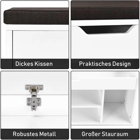 COSTWAY Schuhbank Mit Sitzflaeche, Regal Und Sitzkissen, 104 X 30 X 48 Cm, Schuhregal Holz, Schuhkommode Schuhablage Schuhschrank Aufklappbar, Sitzbankweiss 6 COSTWAY Schuhbank Mit Sitzflaeche, Regal Und Sitzkissen, 104 X 30 X 48 Cm, Schuhregal Holz, Schuhkommode Schuhablage Schuhschrank Aufklappbar, Sitzbankweiss – Bild 4