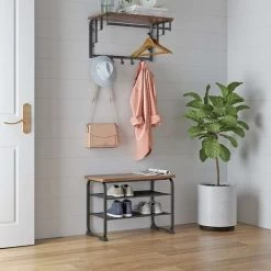 VASAGLE Schuhbank Schuhschrank Im Industrie Design, Schuhregal Mit 2 Gitterablagen, Abgerundeter Rahmen, Einfache Montage, Stabil, Platzsparend, Schmal, Holzoptik, Vintage Von SONGMICS LMR32BX -Möbelhaus 15579845 3