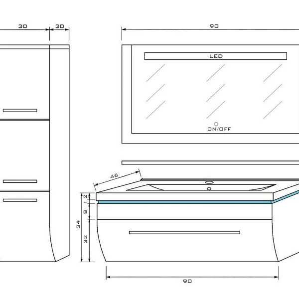 5 Teilig Badmöbel Set 90 Cm Schwarz Led Hochglanz Badezimmermöbel LED System Montiert 4 5 Teilig Badmöbel Set 90 Cm Schwarz Led Hochglanz Badezimmermöbel LED System Montiert – Bild 3