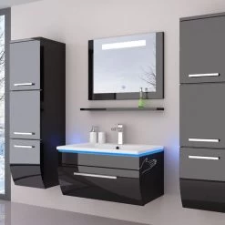 90 Badmöbel Set Schwarz Bad Komplett Hochglanz Badezimmermöbel Bis 6Tlg LED Bad 90 Cm -Möbelhaus 161622663