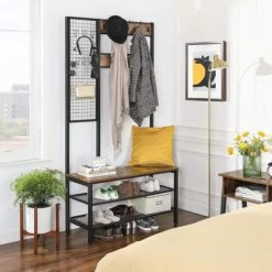 Songmics VASAGLE Große Garderobenständer Mit Sitzbank, Kleiderständer Mit 9 Kleiderhaken Und Schuhregal, Garderobe Mit Gitterwand, 185 Cm Hoch, Viel Stauraum, Flur, Schlafzimmer, Vintage, Dunkelbraun Von SONGM -Möbelhaus 18046136 3