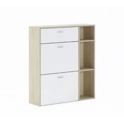 Skraut Home - Schuhregal WIND, Puccini-Strukturfarbe, Farbe Weiß In Den 2 Schwingtüren Und Der Schublade, Maße 90x26x101,5cm Hoch.