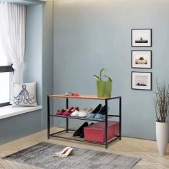 WOLTU Schuhbank Schuhregal Mit Sitzfläche Badregal Schuhablage Schuhkommode Schuhständer Organizier Sitzbank Mit 2 Ablagen Für Ca. 6 Paar Schuhe, Holz Metall, 63x30x43cm, Schwarz Rohre-Holzoptik Vinta -Möbelhaus 21362406 3