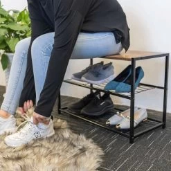 WOLTU Schuhbank Schuhregal Mit Sitzfläche Badregal Schuhablage Schuhkommode Schuhständer Organizier Sitzbank Mit 2 Ablagen Für Ca. 6 Paar Schuhe, Holz Metall, 63x30x43cm, Schwarz Rohre-Holzoptik Vinta -Möbelhaus 21362406 5