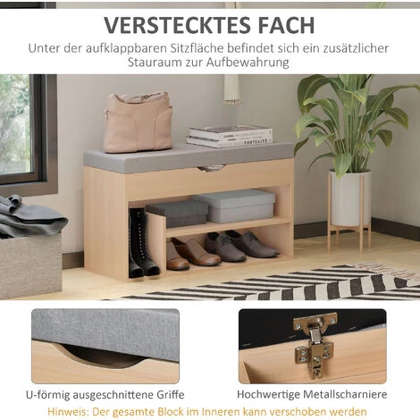 HOMCOM Schuhbank, Sitzbank, Sitztruhe, 2-in-1 Design Mit Schuhregal, Versteckten Fach, Leinen, Natur+Grau, 80 × 30 × 48 Cm 7 HOMCOM Schuhbank, Sitzbank, Sitztruhe, 2-in-1 Design Mit Schuhregal, Versteckten Fach, Leinen, Natur+Grau, 80 × 30 × 48 Cm – Bild 5