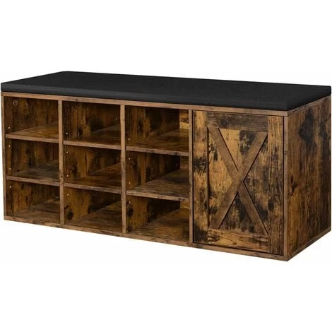 VASAGLE Schuhbank, Aufbewahrungsschrank, Schuhregal Mit 9 Offenen Fächern Und Einem Schrank, Mit Polsterung, 110 X 30 X 48 Cm, Rustikale Tür, Vintagebraun Von SONGMICS LHS058X01 3 VASAGLE Schuhbank, Aufbewahrungsschrank, Schuhregal Mit 9 Offenen Fächern Und Einem Schrank, Mit Polsterung, 110 X 30 X 48 Cm, Rustikale Tür, Vintagebraun Von SONGMICS LHS058X01