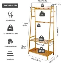 Bambus Garderobenständer Kleiderständer Mit 3 Regalebenen In Holzoptik, 10 Kleiderhaken, Schuhregal, Modern Garderobe Für Flur Wohnzimmer Und Büro 80x43.5x165cm -Möbelhaus 28927019 4