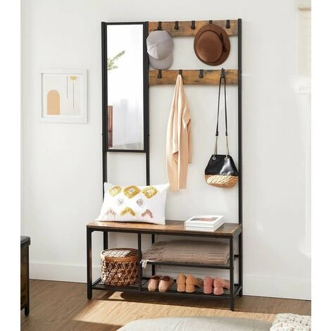 Songmics VASAGLE Garderobenständer Mit Spiegel, Haken, Kleiderständer, Schuhregal Mit Sitzfläche, 185 Cm Hoch Einfache Montage, Vintagebraun-schwarz HSR050B01 3 Songmics VASAGLE Garderobenständer Mit Spiegel, Haken, Kleiderständer, Schuhregal Mit Sitzfläche, 185 Cm Hoch Einfache Montage, Vintagebraun-schwarz HSR050B01