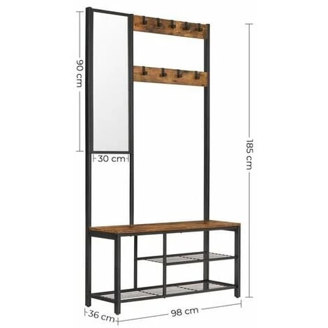 Songmics VASAGLE Garderobenständer Mit Spiegel, Haken, Kleiderständer, Schuhregal Mit Sitzfläche, 185 Cm Hoch Einfache Montage, Vintagebraun-schwarz HSR050B01 5 Songmics VASAGLE Garderobenständer Mit Spiegel, Haken, Kleiderständer, Schuhregal Mit Sitzfläche, 185 Cm Hoch Einfache Montage, Vintagebraun-schwarz HSR050B01 – Bild 3
