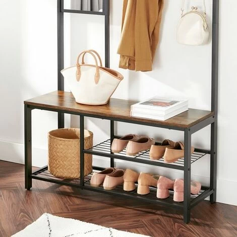 Songmics VASAGLE Garderobenständer Mit Spiegel, Haken, Kleiderständer, Schuhregal Mit Sitzfläche, 185 Cm Hoch Einfache Montage, Vintagebraun-schwarz HSR050B01 7 Songmics VASAGLE Garderobenständer Mit Spiegel, Haken, Kleiderständer, Schuhregal Mit Sitzfläche, 185 Cm Hoch Einfache Montage, Vintagebraun-schwarz HSR050B01 – Bild 5