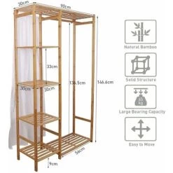 Unho Großer Kleiderständer Bambus Garderobenständer Kleiderstange Garderobe Mit 4 Ablagen Und Vorhang 146x90x30cm -Möbelhaus 30114997 5