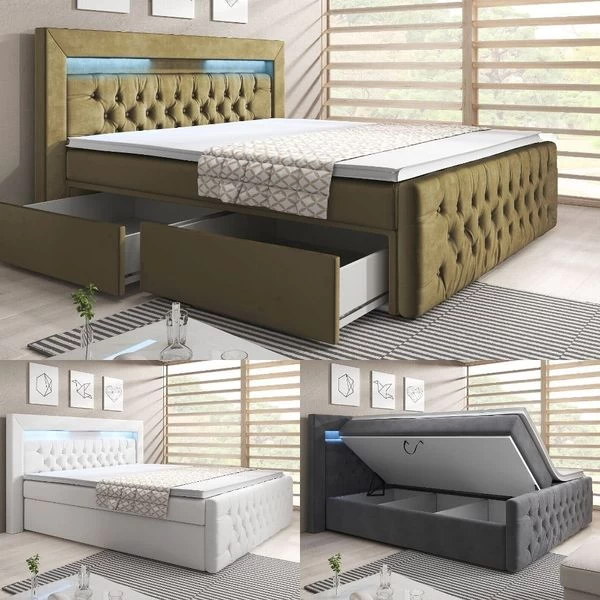 Boxspringbett Verona Mit Zwei Bettkästen, Chesterfield Polsterung Und LED 3 Boxspringbett Verona Mit Zwei Bettkästen, Chesterfield Polsterung Und LED