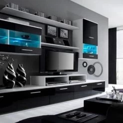 Wohnwand, Wohnmöbel TV, Esszimmer Mit LEDs, Weiß Matt/ Schwarz Lackiert, 250x194x42 -Möbelhaus 342437114
