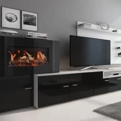 Wohnwand, Wohnmöbel Mit Elektrischem Kamin, Weiß Mate/ Schwarz Lackiert,290x170x45cm -Möbelhaus 342771188