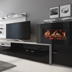 Wohnwand, Wohnmöbel Mit Elektrischem Kamin, Weiß Mate/ Schwarz Lackiert,290x170x45cm -Möbelhaus 342771193