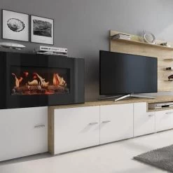 Wohnwand, Wohnmöbel Mit Elektrische Kamin, Mattweiß/ Gebürsteter Eiche,290x170x45 -Möbelhaus 342772066