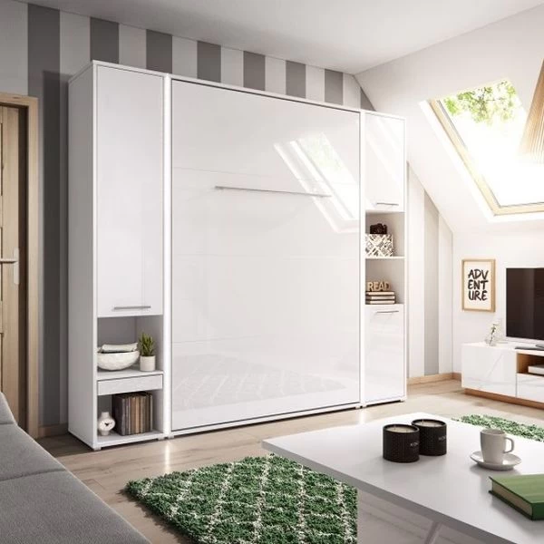 Schrankbett Wandbett Klappbett Vertikal CP178 140x200 Weiß Hochglanz Mit 2 Regalen 3 Schrankbett Wandbett Klappbett Vertikal CP178 140x200 Weiß Hochglanz Mit 2 Regalen