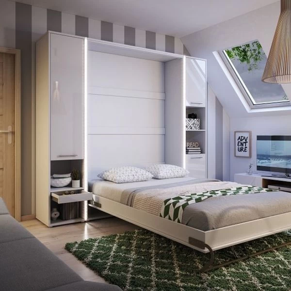 Schrankbett Wandbett Klappbett Vertikal CP178 140x200 Weiß Hochglanz Mit 2 Regalen 4 Schrankbett Wandbett Klappbett Vertikal CP178 140x200 Weiß Hochglanz Mit 2 Regalen – Bild 2