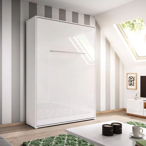 Schrankbett Wandbett Klappbett Vertikal CP178 140x200 Weiß Hochglanz Mit 2 Regalen 5 Schrankbett Wandbett Klappbett Vertikal CP178 140x200 Weiß Hochglanz Mit 2 Regalen – Bild 3