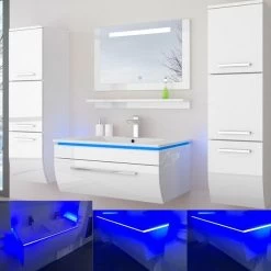 Badmöbel Set Weiss Schwarz Hochglanz Badezimmermöbel Bis 6Tlg 70LED Komplett Montiert