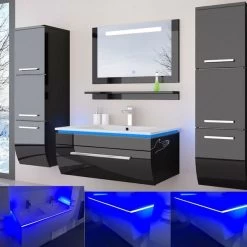 60 Badmöbel Set Schwarz / Weiß Komplett Hochglanz Badezimmermöbel Bis 6 Tlg LED 60 Cm