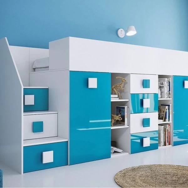 Hochbett Etagenbett Hochglanz TELLY3 Mit Schreibtisch Schrank Regalen Und Treppe Weiß 5 Hochbett Etagenbett Hochglanz TELLY3 Mit Schreibtisch Schrank Regalen Und Treppe Weiß – Bild 3