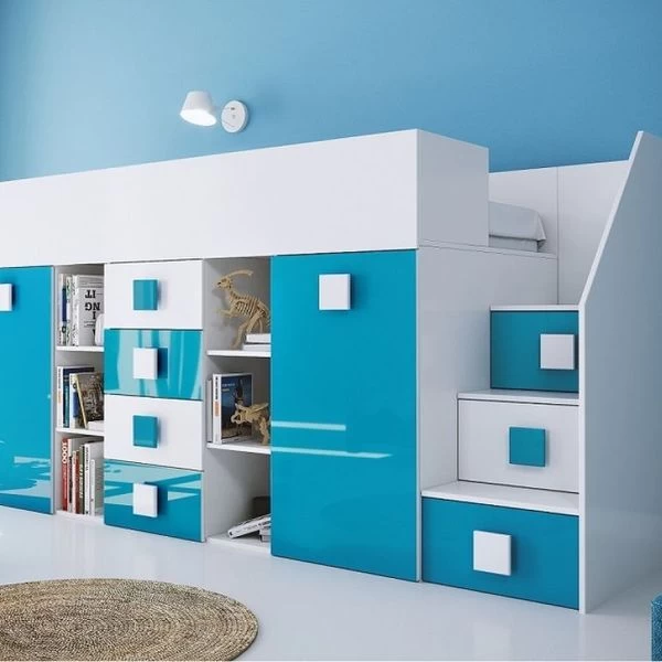 Hochbett Etagenbett Hochglanz TELLY3 Mit Schreibtisch Schrank Regalen Und Treppe Weiß 6 Hochbett Etagenbett Hochglanz TELLY3 Mit Schreibtisch Schrank Regalen Und Treppe Weiß – Bild 4