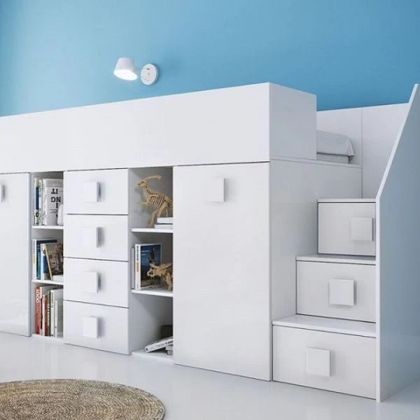 Hochbett Etagenbett Hochglanz TELLY3 Mit Schreibtisch Schrank Regalen Und Treppe Weiß 12 Hochbett Etagenbett Hochglanz TELLY3 Mit Schreibtisch Schrank Regalen Und Treppe Weiß – Bild 10