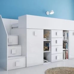 Hochbett Etagenbett Hochglanz TELLY3 Mit Schreibtisch Schrank Regalen Und Treppe Weiß 29 Hochbett Etagenbett Hochglanz TELLY3 Mit Schreibtisch Schrank Regalen Und Treppe Weiß -Möbelhaus 356324289