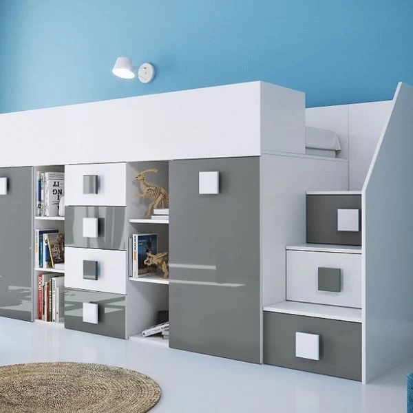 Hochbett Etagenbett Hochglanz TELLY3 Mit Schreibtisch Schrank Regalen Und Treppe Weiß 16 Hochbett Etagenbett Hochglanz TELLY3 Mit Schreibtisch Schrank Regalen Und Treppe Weiß – Bild 14