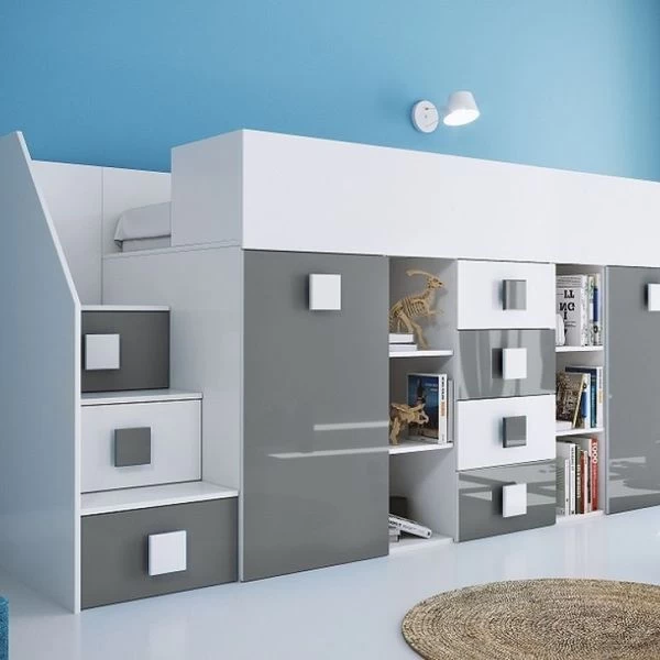 Hochbett Etagenbett Hochglanz TELLY3 Mit Schreibtisch Schrank Regalen Und Treppe Weiß 17 Hochbett Etagenbett Hochglanz TELLY3 Mit Schreibtisch Schrank Regalen Und Treppe Weiß – Bild 15