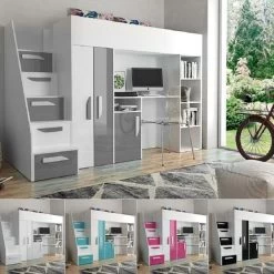 Hochbett Etagenbett Hochglanz PARIS 4 Mit Schreibtisch Schrank Regal Und Treppe Weiß -Möbelhaus 356401872