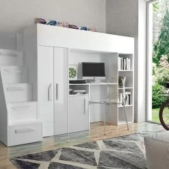 Hochbett Etagenbett Hochglanz PARIS 4 Mit Schreibtisch Schrank Regal Und Treppe Weiß -Möbelhaus 356402233