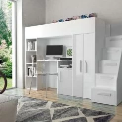 Hochbett Etagenbett Hochglanz PARIS 4 Mit Schreibtisch Schrank Regal Und Treppe Weiß -Möbelhaus 356402246