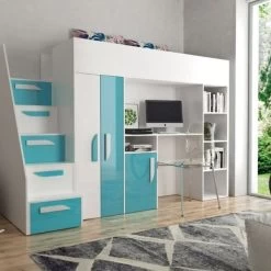 Hochbett Etagenbett Hochglanz PARIS 4 Mit Schreibtisch Schrank Regal Und Treppe Weiß -Möbelhaus 356402308