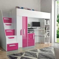 Hochbett Etagenbett Hochglanz PARIS 4 Mit Schreibtisch Schrank Regal Und Treppe Weiß -Möbelhaus 356402330