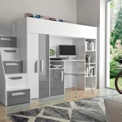 Hochbett Etagenbett Hochglanz PARIS 4 Mit Schreibtisch Schrank Regal Und Treppe Weiß -Möbelhaus 356402364