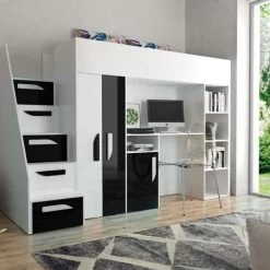 Hochbett Etagenbett Hochglanz PARIS 4 Mit Schreibtisch Schrank Regal Und Treppe Weiß -Möbelhaus 356402414