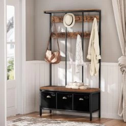 Garderobenständer, Große Garderobe, Kleiderständer Mit 12 Haken, Sitzfläche Mit 3 Aufbewahrungsbox, Schuhbank, Stabil, Industrie, Für Eingangsbereich, Wohnzimmer, Schlafzimmer, HOOBRO EBF33MT01