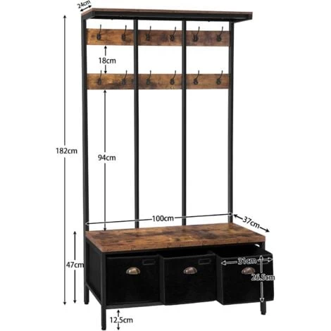 Garderobenständer, Große Garderobe, Kleiderständer Mit 12 Haken, Sitzfläche Mit 3 Aufbewahrungsbox, Schuhbank, Stabil, Industrie, Für Eingangsbereich, Wohnzimmer, Schlafzimmer, HOOBRO EBF33MT01 7 Garderobenständer, Große Garderobe, Kleiderständer Mit 12 Haken, Sitzfläche Mit 3 Aufbewahrungsbox, Schuhbank, Stabil, Industrie, Für Eingangsbereich, Wohnzimmer, Schlafzimmer, HOOBRO EBF33MT01 – Bild 5