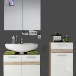 Badkombination SetOne In Hochglanz Weiß Und Eiche San Remo Badmöbel Set 3-teilig