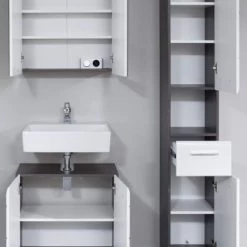 Badmöbel Set Badezimmer Möbel Weiß Hochglanz Grau Sardegna Möbelset 3-tlg. Line -Möbelhaus 379932094