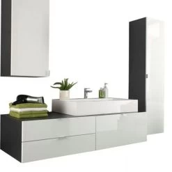 Badmöbel Badezimmer Set Weiß Hochglanz Waschtisch Komplett MIT Waschbecken Beach