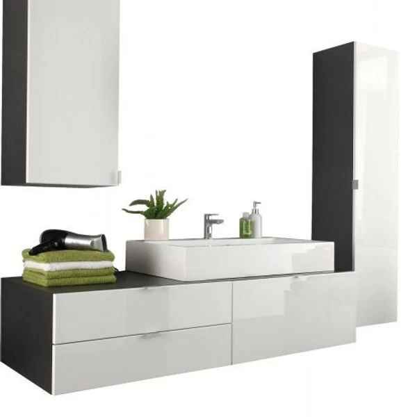 Badmöbel Badezimmer Set Weiß Hochglanz Waschtisch Komplett MIT Waschbecken Beach