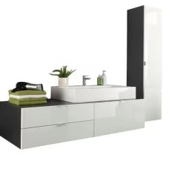 Bad Möbel Set Mit Waschbecken Weiß Hochglanz Grau Waschtisch Hochschrank Beach