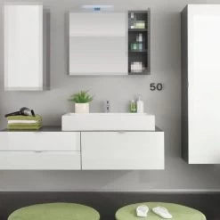 Bad Möbel Set Mit Waschbecken Weiß Hochglanz Grau Waschtisch Hochschrank Beach -Möbelhaus 387392993