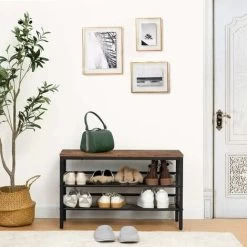 Schuhbank, Schuhregal Mit 2 Gitterablagen, Aufbewahrung Für Schuhe, Schuhablage Mit Sitzfläche, Stabil Schuhschrank, Platzsparend, Metallrahmen, Für Eingang, Flur, HOOBRO EBF01HX01