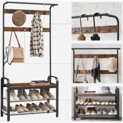 Songmics VASAGLE Garderobenständer, Garderobe, Schuhregal Mit Sitzfläche, Kleiderständer Mit 9 Abnehmbaren Haken, Sitzbank, 2 Gitterablagen, 183 Cm Hoch, Industrie-Design, Vintagebraun-schwarz HSR400B01 -Möbelhaus 42722959 3